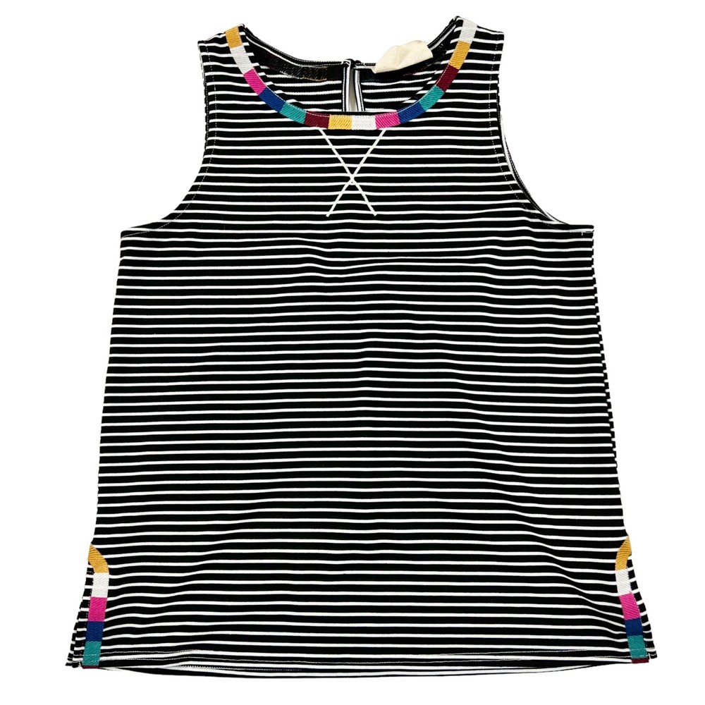 Savanna Jane Striped Stretch Knit embroidered Tank Top Black White Round Neck, S